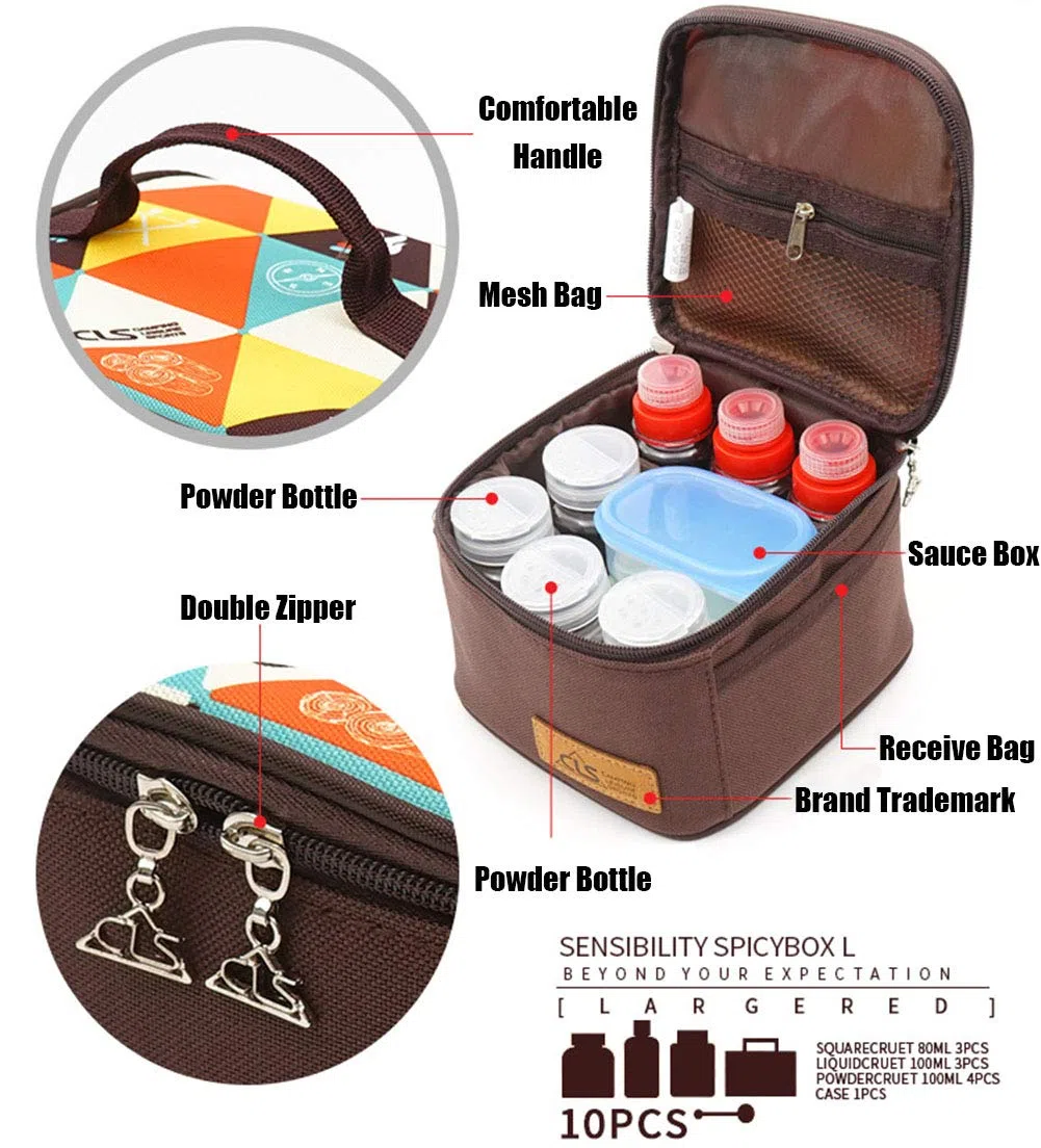 Tarros de especias para camping, sal, azúcar, pimienta con tapa giratoria y bolsa de embalaje para cocina y barbacoa (juego de 10)
