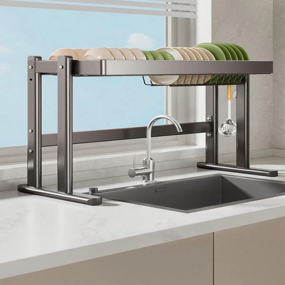 Escurridor de Platos de Doble Nivel para Fregadero de Cocina. Escurridor Grande Que Ahorra Espacio. Almacena Platos, Vasos, tazones y Cubiertos (Estructura Simple de 85 cm/33 Pulgadas).