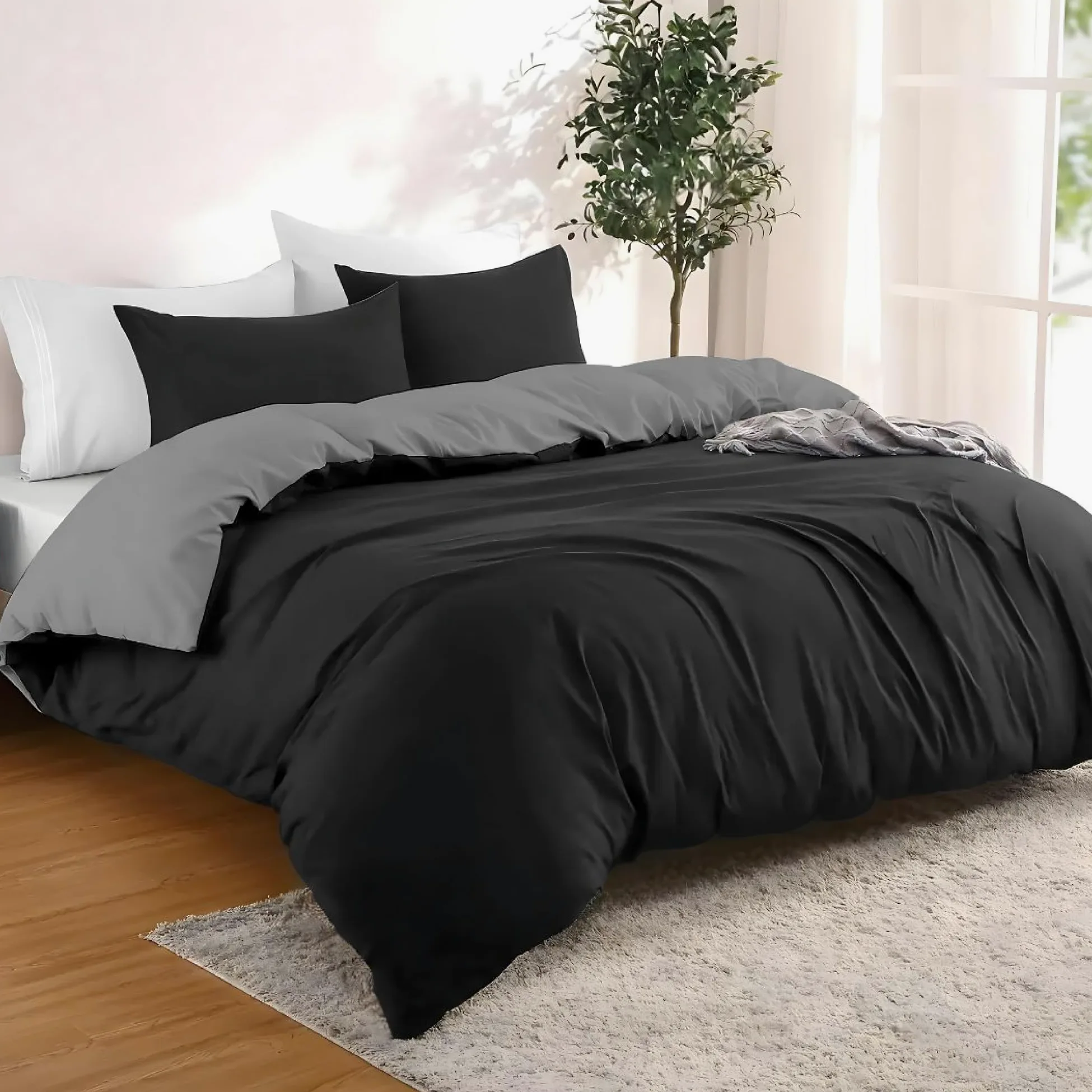 Dreamzie Funda Nordica Cama 240x220 cm con 2 Funda Almohada 50x70 cm - Negro/Gris Oscuro - Funda nordicas 240x220 de 100% Microfibra. Funda Nórdica Certificada sin Productos Químicos
