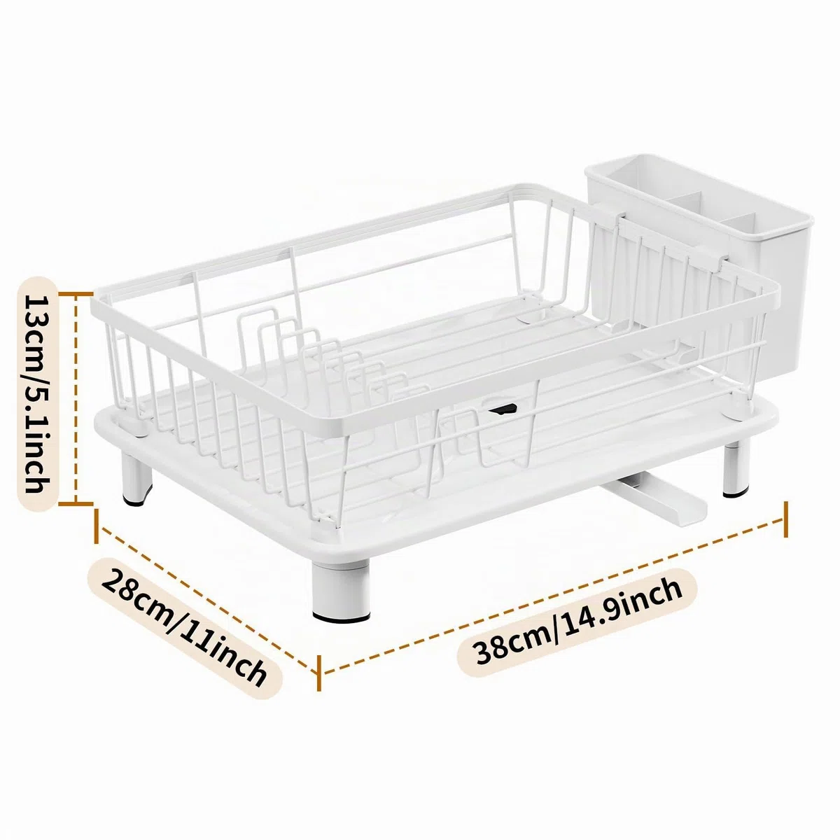 Escurreplatos Blanco Escurridor de Platos Acero Inoxidable Escurreplatos con Bandeja de Goteo Dish Drying Rack con Cesta para Cubiertos (Blanco, Pequeño)