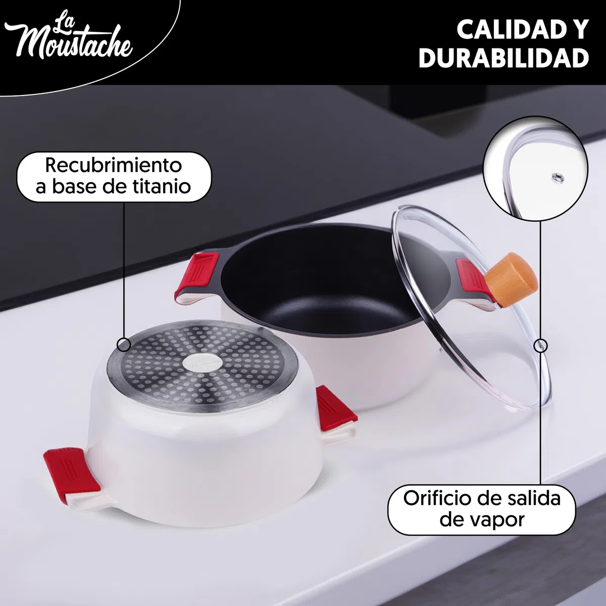La Moustache - Cacerola Alta 24 cm, Aluminio Fundido con Antiadherente y Antirayaduras para Todas las Cocinas, Incluida Inducción, Sin PFOA, Tapa de Cristal, Asas de Silicona Ergonómicas (Blanco)