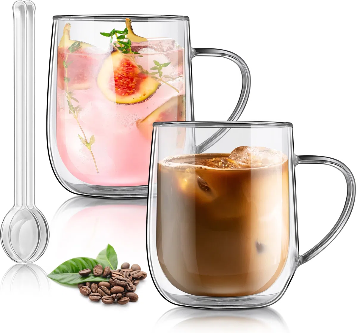 Joeyan 450ml Tazas de Café de Cristal Grande,Juego de 2 Tazas de Vidrio Borosilicato con Asa,Vaso Termico Frio de Doble Pared Transparente,para Té,Cerveza,Agua,Latte,Leche,Cappuccino,Macchiato,Sidra