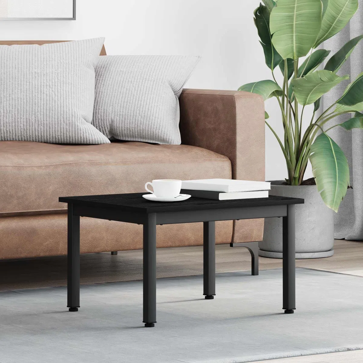 Mesa de centro con aspecto de roble negro, 60 x 50 x 36 cm, de material de madera con patas de metal, diseño moderno, resistente y duradera, para salón, dormitorio y pasillo