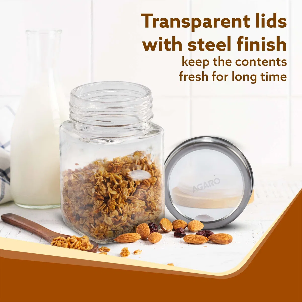 AGARO Elegant Cube Jar 310 ml, forma cuadrada, tapa transparente con acabado de acero, recipiente de cristal de almacenamiento, transparente, organizador de cocina, tarro multiusos, paquete de 6