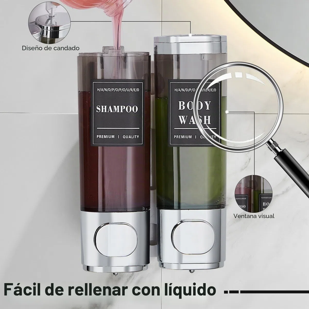 Dispensador de Jabón de Ducha 3 Recipientes, Sin Taladro – Dosificador para Champú, Acondicionador y Gel de Ducha de Gran Capacidad (2x300ml, Plata) para Baño, Cocina, Hotel Plata 2 cámaras