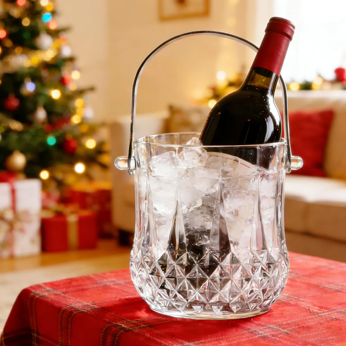 Cubitera de hielo de vidrio con asa y pinza para 37 onzas de cubitos de cristal transparente para cóctel, bar, vino, hogar, fiestas, cubo de champán