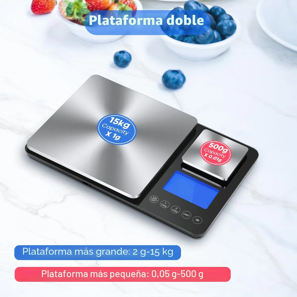 Báscula de cocina digital de doble plataforma,1 g y 0,01 g de precisión, capacidad de 15 kg y 500 g, Ideal para alimentos, hornear, cocinar y joyas, Pantalla LCD y función de acumulación