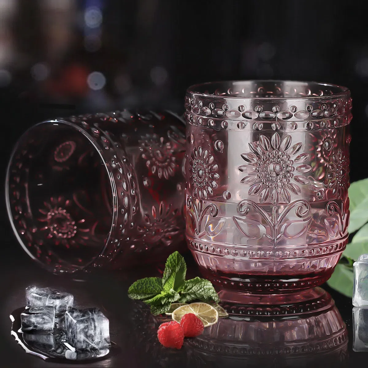 Joeyan Vasos Cristal Colorido,360ml Púrpura Vaso de Agua Modernos, Vaso de Vidrio con Estampado de Flores, Juego de 4 para Limonada Bebidas de Jugo Cola cóctel Cafe Sidra, Apto para Lavavajillas