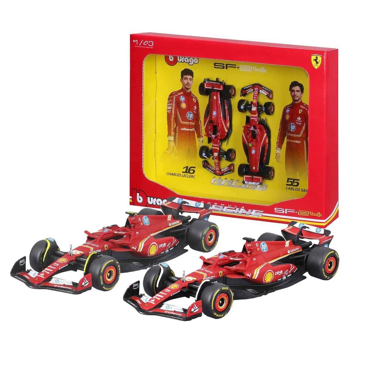 Bburago - Ferrari SF-24 F1 Imola Livery 2024 Leclerc #16 y Sainz #55, Set de 2 Coches Diecast a Escala 1:43, Caja Expositora, Licencia Oficial Ferrari, Edad Recomendada 14+ Años