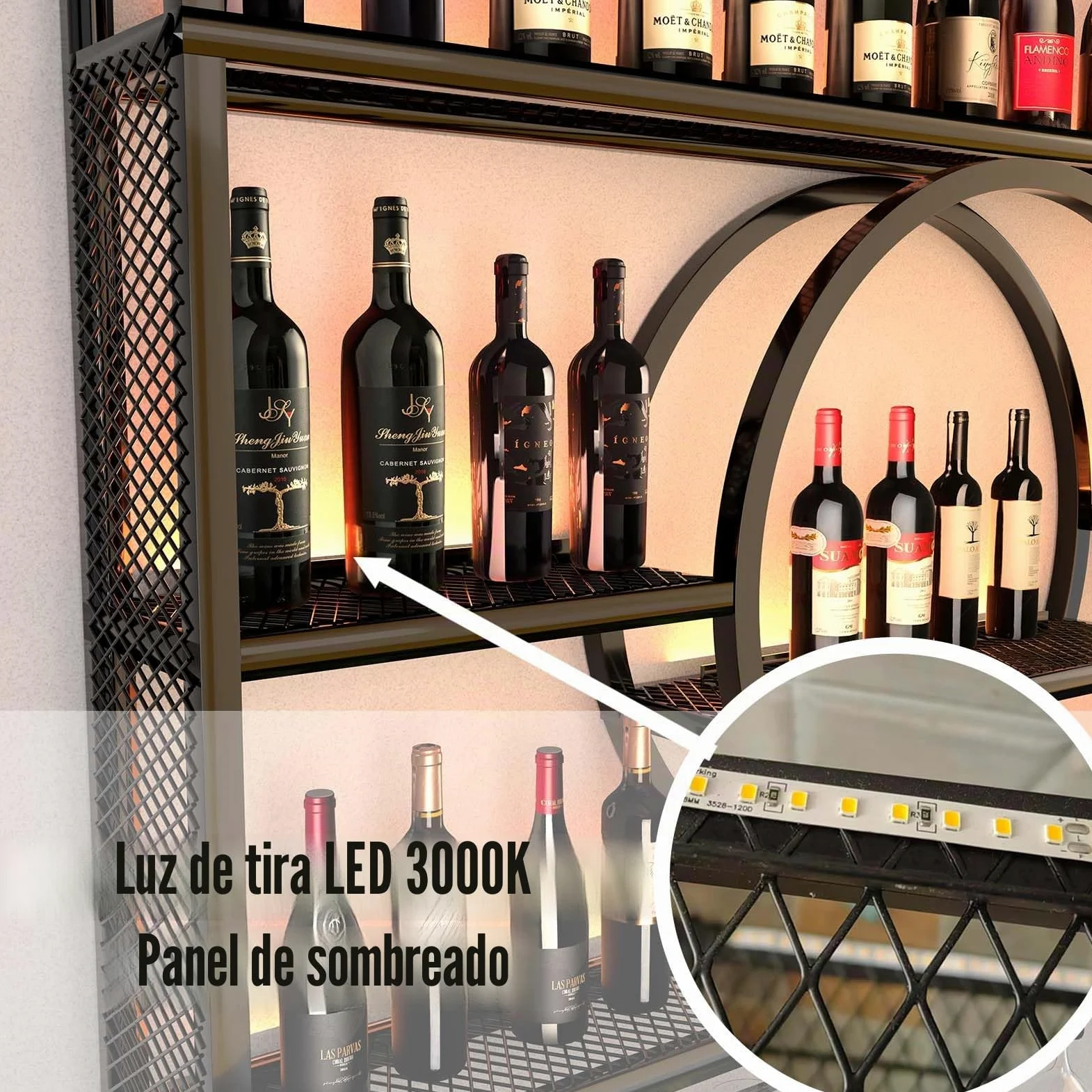 Estantería industrial para vino montada en la pared, soporte flotante para exhibición de vino con LED y rayas de sombreado, estantería multifuncional para el hogar, restaurante, bares (Black, 120CM)