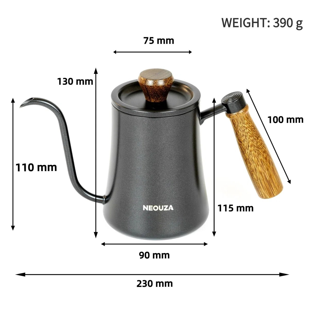 NEOUZA Pour Over Coffee - Hervidor de cuello de ganso, 600 ml, con termómetro de alta precisión, acero inoxidable 304, mango ergonómico de madera, opciones de calefacción versátiles, fácil de limpiar