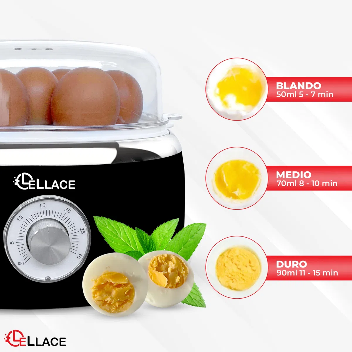 Cuece Huevos Eléctrico con Temporizador Manual y Alarma. Cocedor de 1 hasta 7 huevos para hacer Huevo Duro, Mollet o Pasados por Agua. Egg Boiler de 400W con Cuenco para huevo Poché. (NEGRO)