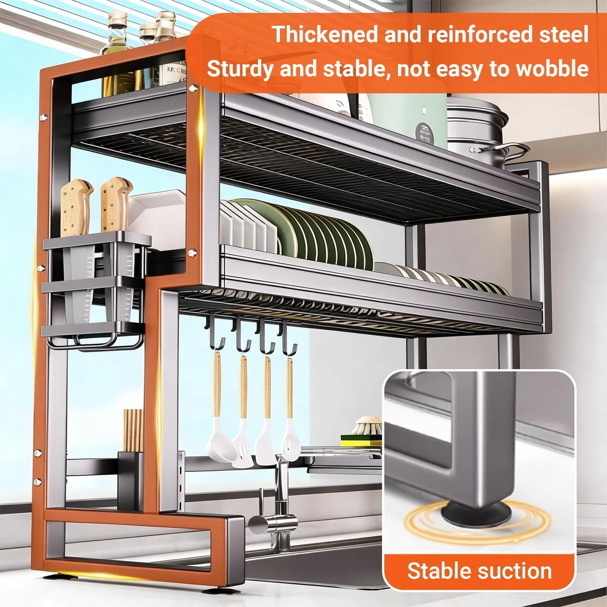 Escurridor de platos multifuncional de acero inoxidable que ahorra espacio para cocina, platos, vasos, cubiertos