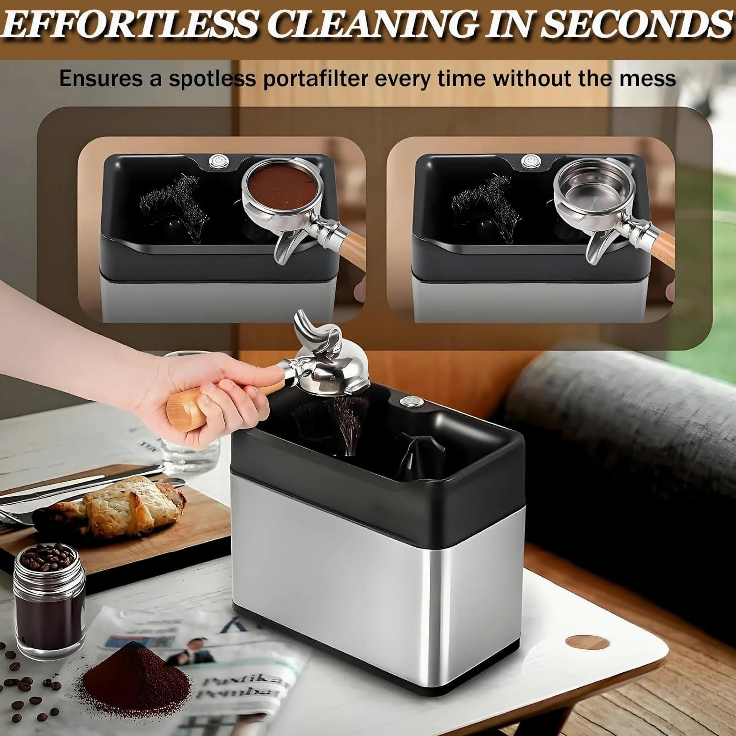 Limpiador de portafiltros de café eléctrico, Limpiador de posos de café, Cabezales de Cepillo Dobles, rotación de 300 RPM, para cafeterías domésticas o comerciales Silver