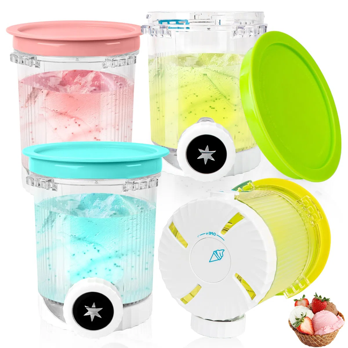 Juego de 4 Tarrinas Creami Deluxe para Ninja Swirl by CREAMi Máquina de Helado Suave y Helado Serie NC701EU NC700 - Aptas para Lavavajillas - Contenedores Creami de 480 ml con Tapas de Colores