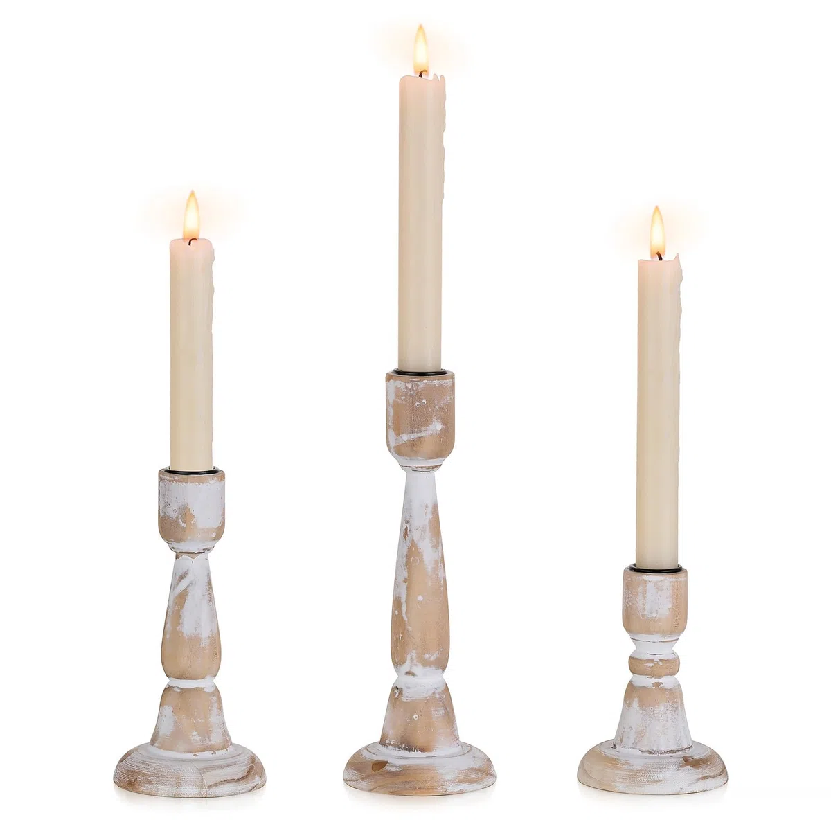 Candelabro de madera para velas de varilla: 3 candelabros rústicos para velas de varilla, candelabros de encaje para fiestas, aniversarios, vacaciones, Navidad, decoración de mesa, decoración