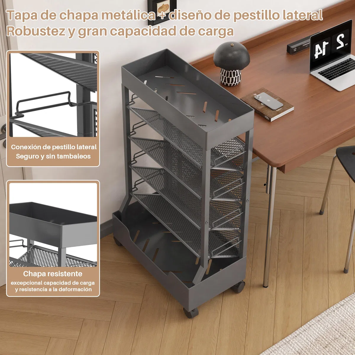 Estantería Móvil con Rueda, Organizador de Escritorio | 6 Niveles, Metal, Carrito Almacenamiento para Libros, Revistas, Gran Capacidad, Estantería de Oficina, Gris