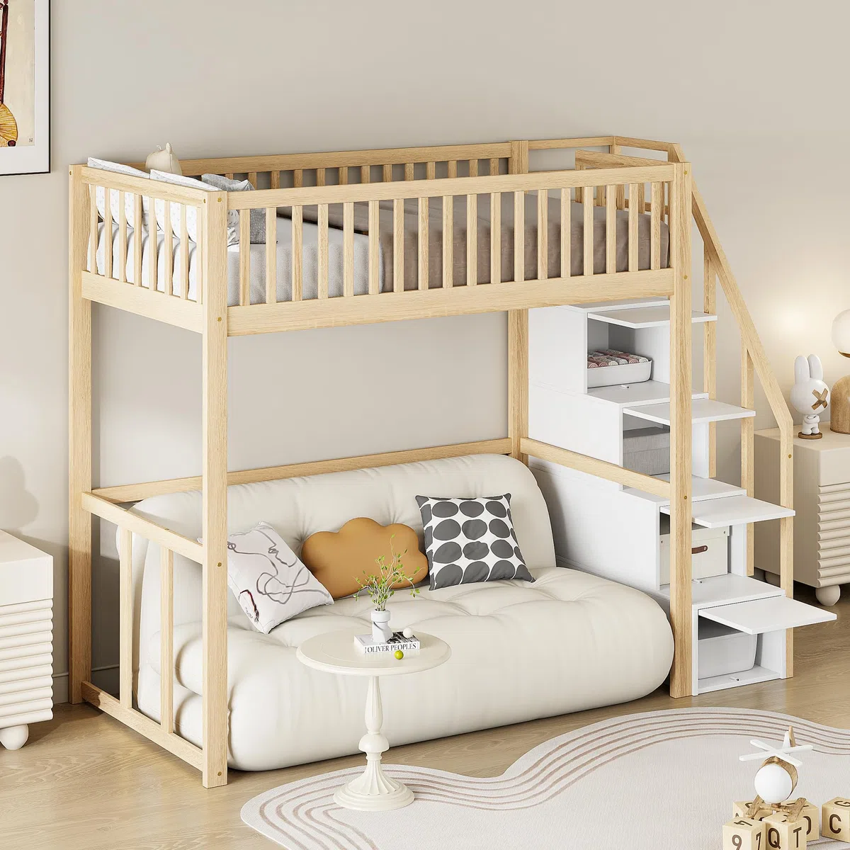 Soweiz Cama alta de 90 x 200 cm con escalera y espacio de almacenamiento, cama de madera con barandilla de seguridad, cama juvenil para niños y jóvenes, litera para dormitorio que ahorra espacio