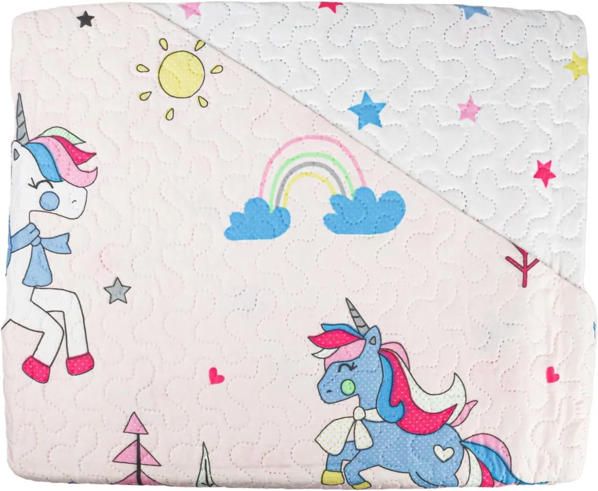 Kimbatex Colcha Bouti Infantil Reversible de Unicornios con Cojín, Microfibra Reversible,para Camas de 90cm y 105cm, Rosa. (Cama 105cm 200x260cm)
