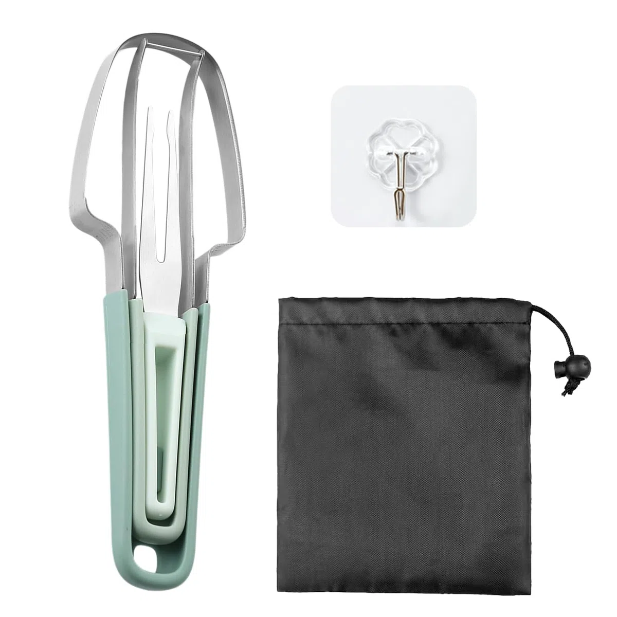 Juego de herramientas para cortar sandía de 3 piezas, 1 bolsa de almacenamiento, 1 gancho, cortador de sandía, cortador de melón de acero inoxidable, divisor de sandía, cuchillo para sandía