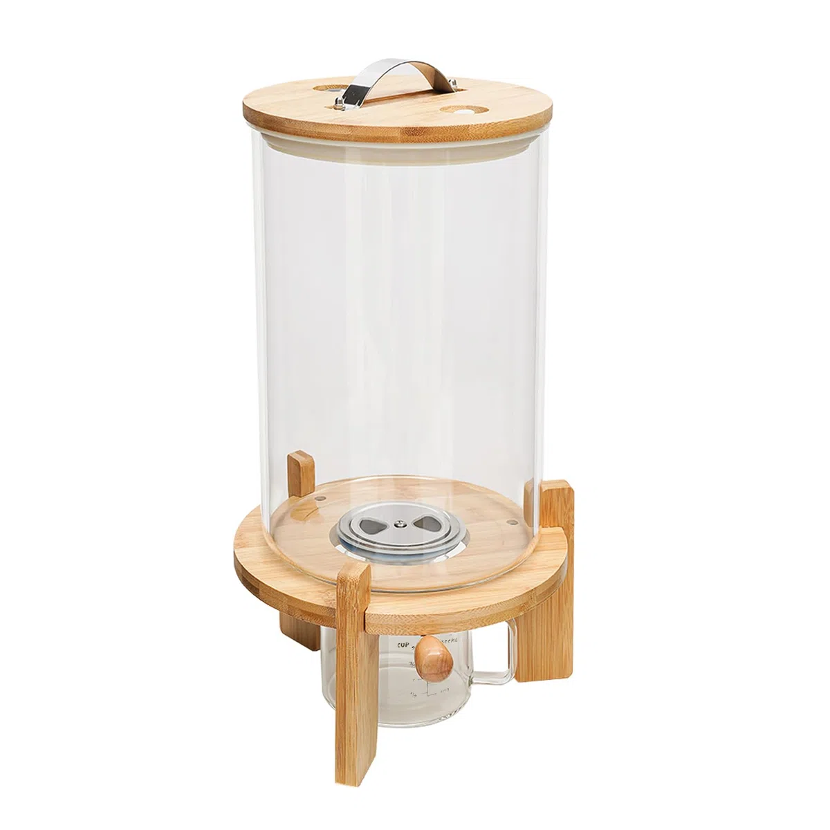 Dispensador de cereales (7,5 L, con válvula y base redonda) | Tarro de cristal, tapa de bambú, junta de silicona, termómetro integrado, vaso medidor, 45 cm de altura total