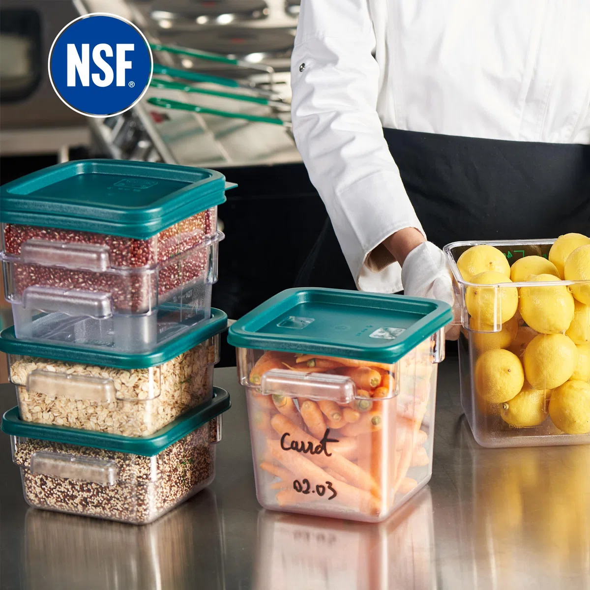 CURTA Paquete de 4 recipientes de almacenamiento de alimentos con tapas verdes, grado comercial con certificación NSF en 2.0 + 4.0 cuartos de galón, cuadrados, transparentes, policarbonato