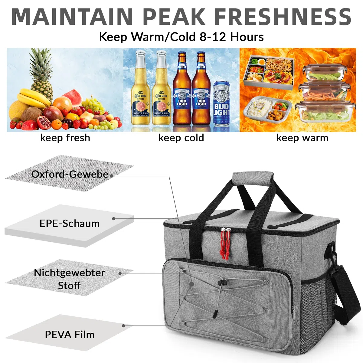 Zikenis Bolsa Termica Porta Alimentos 30L,Nevera Portátil Bolsa termica Porta, Plegable Bolsa Nevera,Tela Oxford,Mantener Caliente y Frío,para Viajes,Acampada,Picnics,Barbacoas