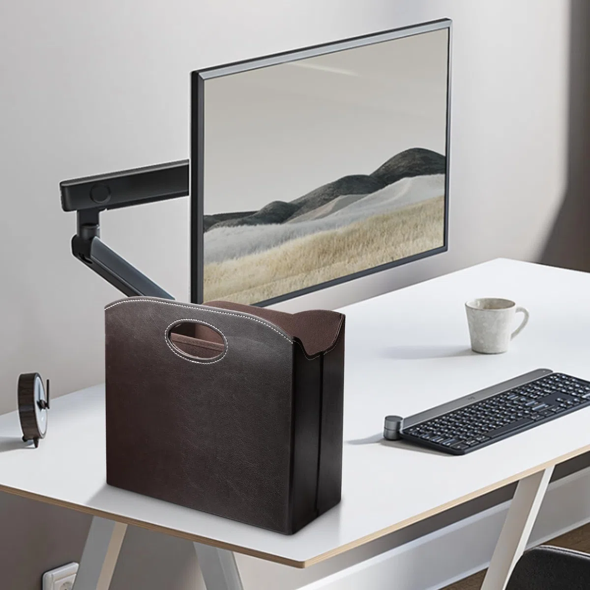 Revistero de cuero moderno, portarevistas de cuero con asa, revistero de cuero con compartimentos, cesta de periódicos plegable, portarevistas cesta de periódicos para casa oficina salón