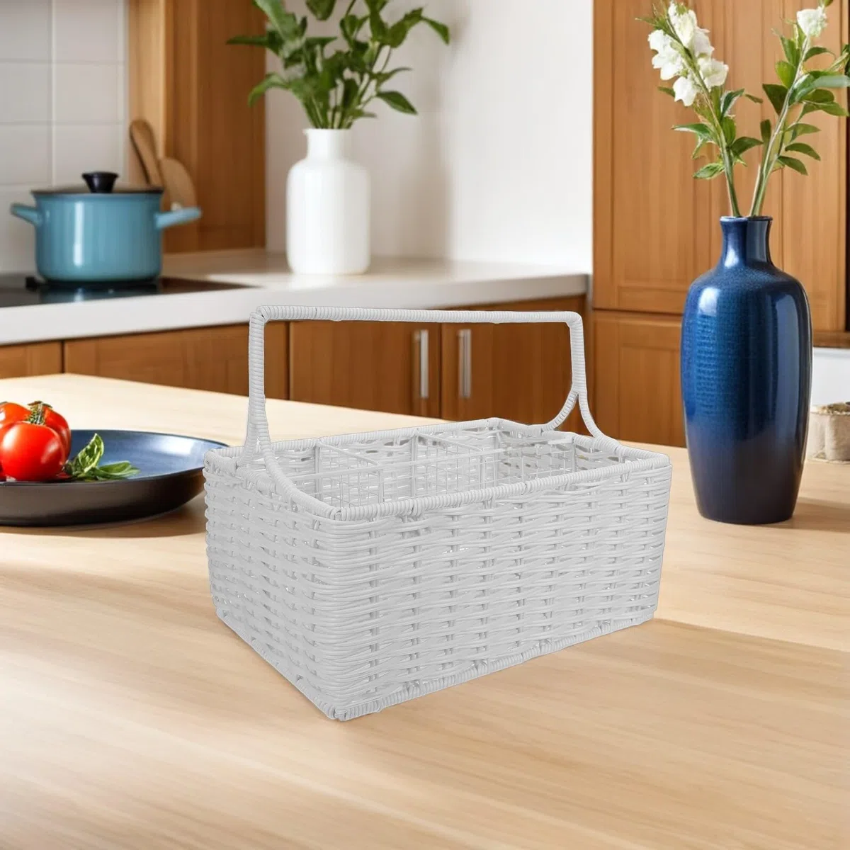 Angoily Cesta Organizadora para Cubiertos con Compartimentos Múltiples Cesta Tejida de Organizador Portátil para Utensilios de Cocina para Tenedores y Uso Doméstico y Picnic