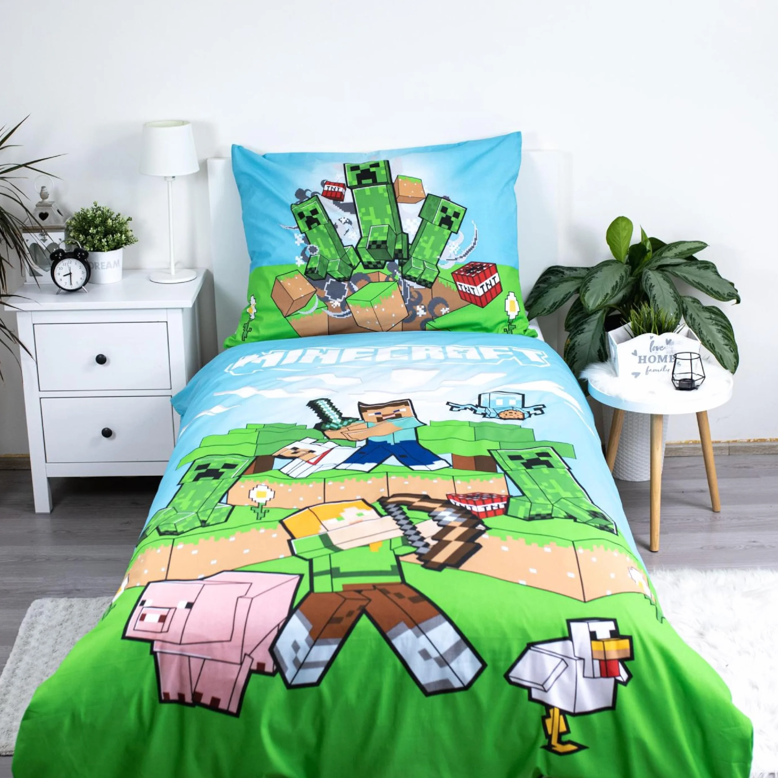 Juego de ropa de cama infantil Minecraft, juego completo de dos piezas, funda de edredón 140 x 200 cm, funda de almohada 70 x 90 cm, con cremallera, 100% algodón, certificado Öko-Tex Standard 100