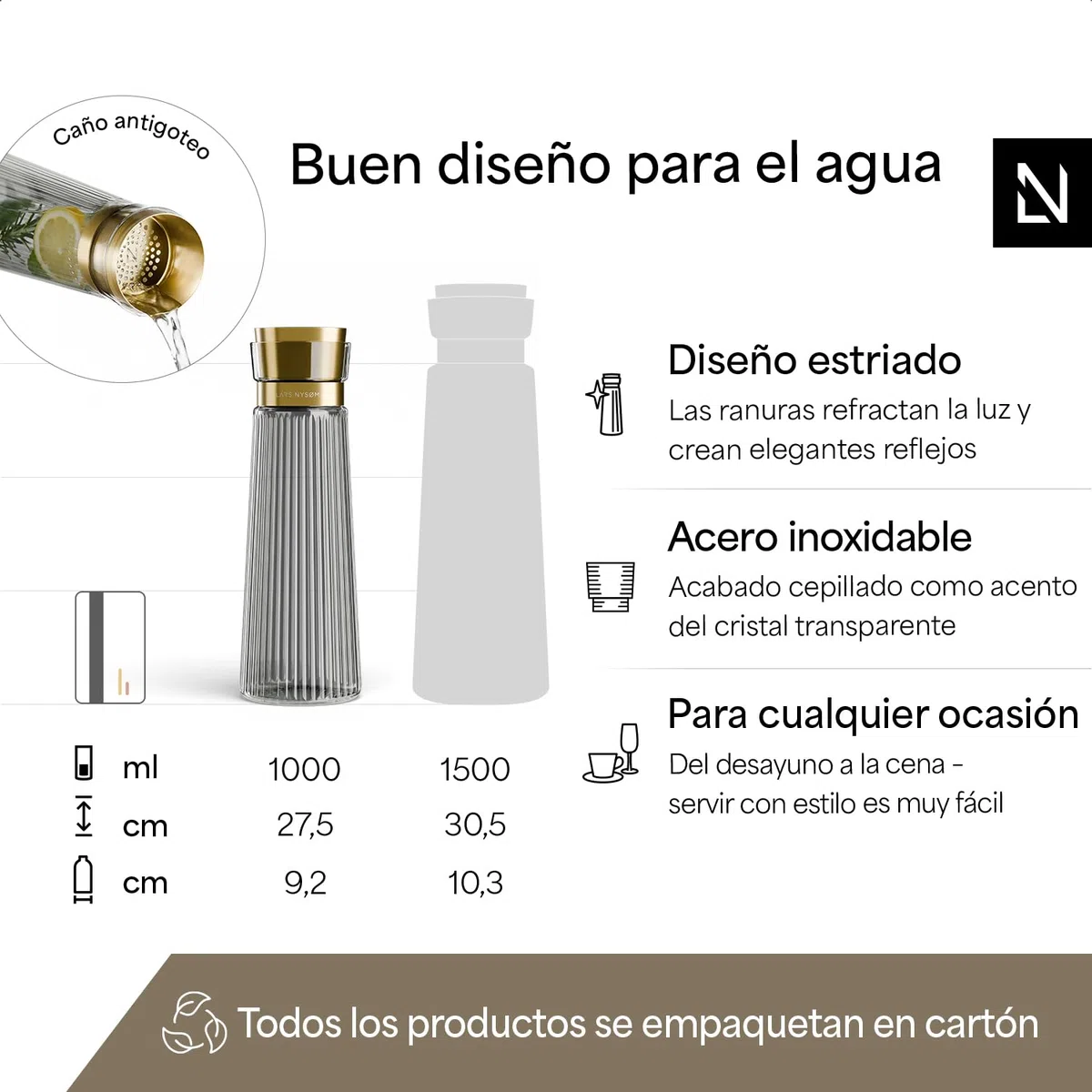 LARS NYSØM Jarra de Agua 1l con Tapa de Acero Inoxidable y Filtro Integrado | Elegante Garrafa de Cristal para Zumo, Té, Limonada | Jarra para Uso Diario y los Invitados (Graphite/Gold, 1000ml)