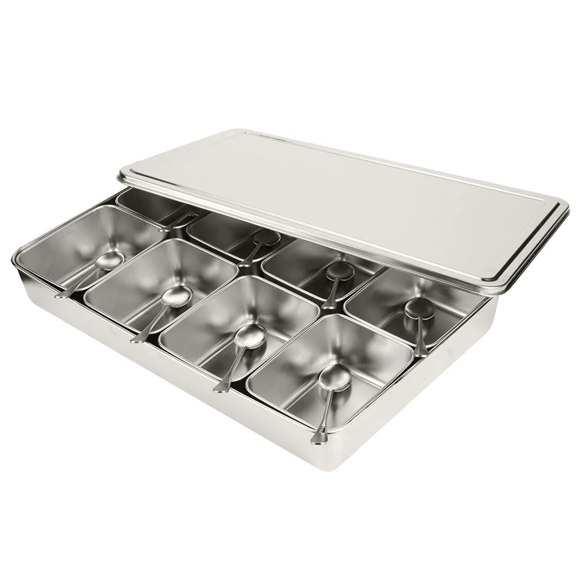 Caja de Condimentos de Acero Inoxidable con 8 Compartimentos, Recipientes Multiusos para Almacenamiento de Condimentos con Rejilla Interior Desmontable y Cuchara, para Especias