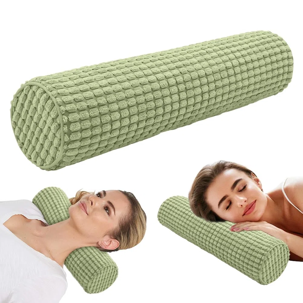 Almohada cervical con funda, cojín cervical de espuma viscoelástica, 11 x 45 cm, cojín cervical ortopédico, lavable, rollo de rodilla, rollo de almacenamiento, color verde