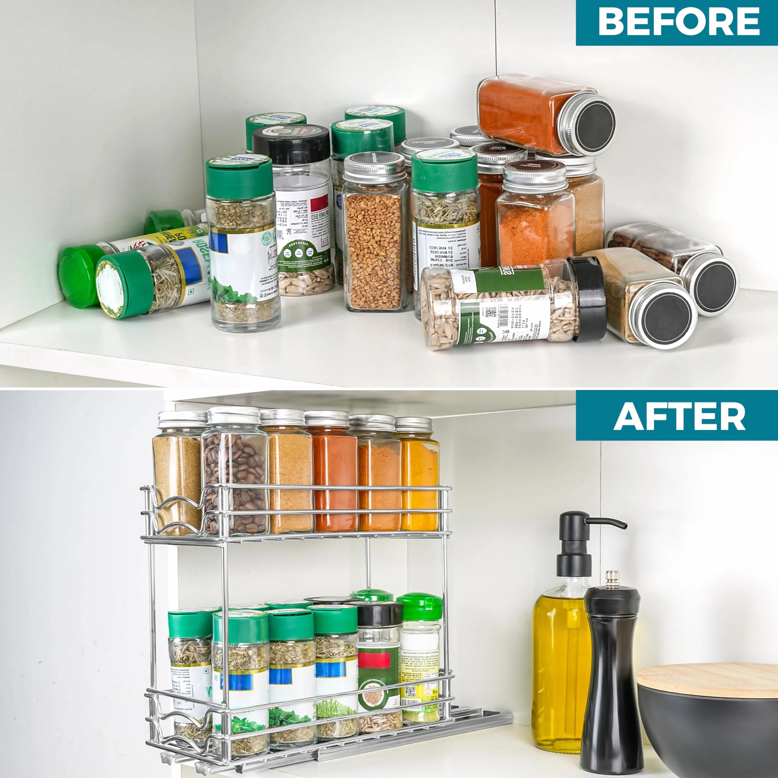 Winter Shore Organizador Especias Extraíble de 2 Niveles - Cajones Deslizables para Armarios de Cocina - Estanterias Almacenaje Deslizables Bajo Fregadero - Organizador Fregadero para Despensas