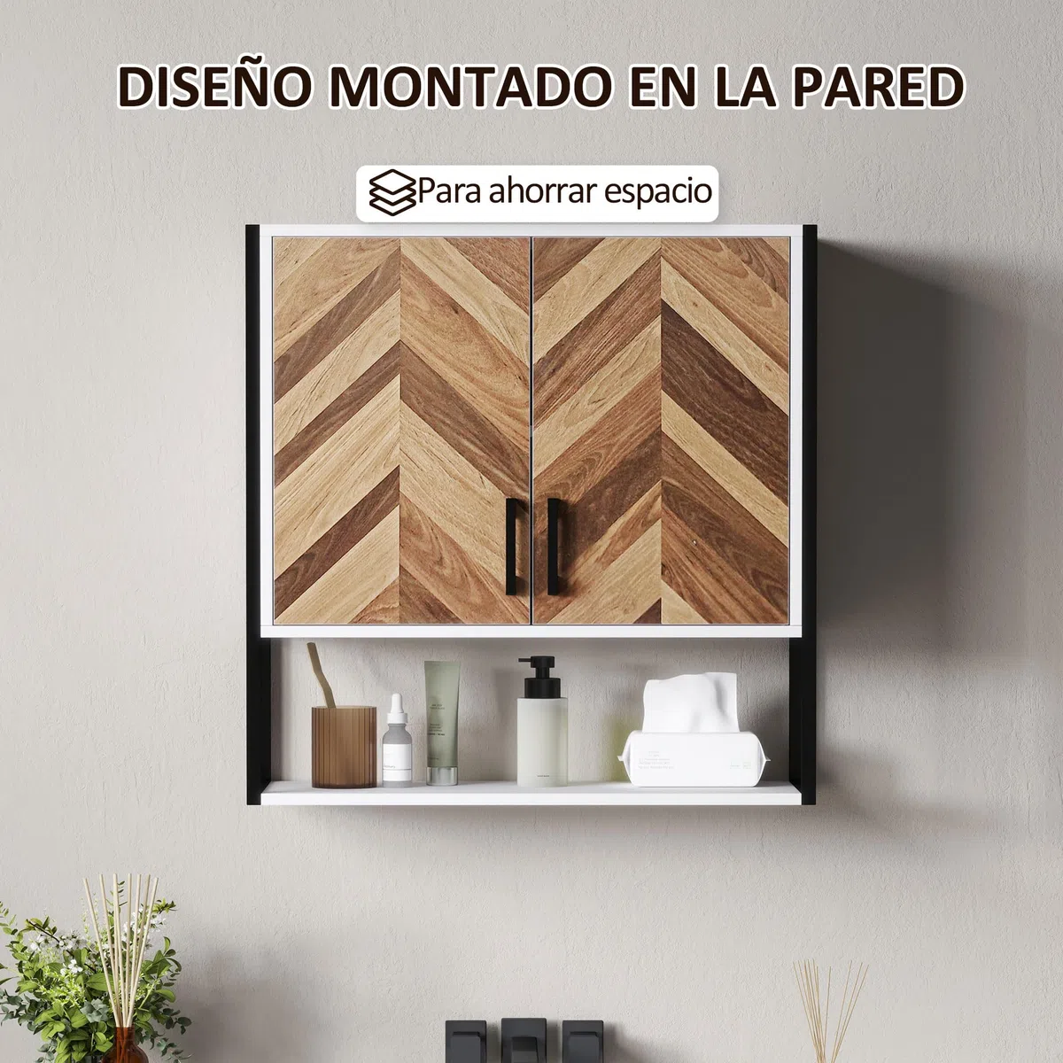 HOMCOM Armario de Pared para Baño Multiusos 59x20x60 cm Multicolor | Mueble de Baño Suspendido, Armario Colgante de Almacenamiento, con 2 Puertas, Estante Ajustable, Estante Abierto