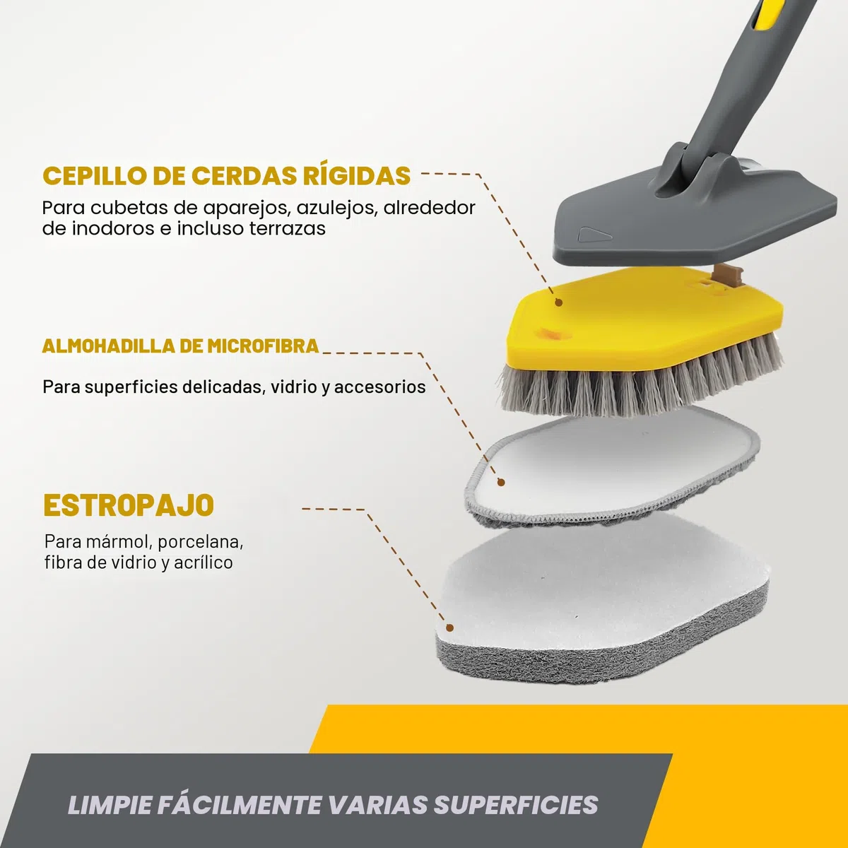 Cepillo Limpieza Ducha con Mango Largo 142CM, Cepillo 3 en 1 Extensible para Azulejos y Paredes. Incluye Estropajo con Mango y Cabezal Intercambiable.