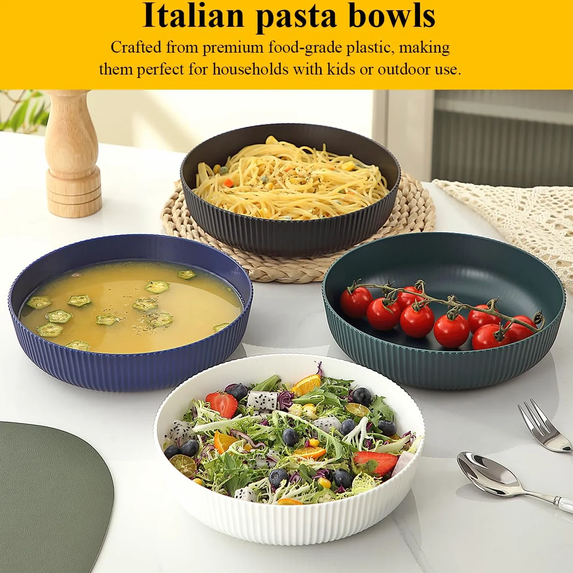 Berglander Set de 4 Cuencos para Pasta, Reutilizables 1100ml Plástico Inquebrantable para Sopa/Ensalada/Fruta, Ideal para Hogar, Restaurante, Exteriores, Picnics y Campamentos