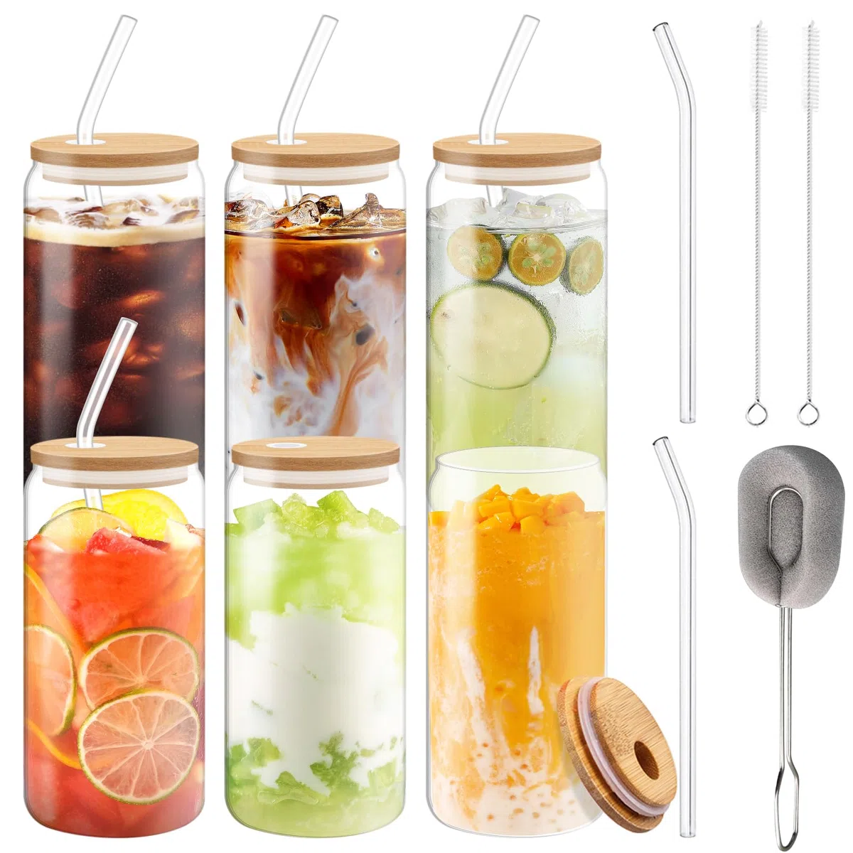 Vaso de Cerveza con Tapa y Pajita,Vaso de Vidrio en Forma de Lata,6 Unidades Bubble Tea Taza,550ml,Vaso de Vidrio Reutilizable,Vasos de Soda Para Batidos,Jugo,Boba,Té,Coca