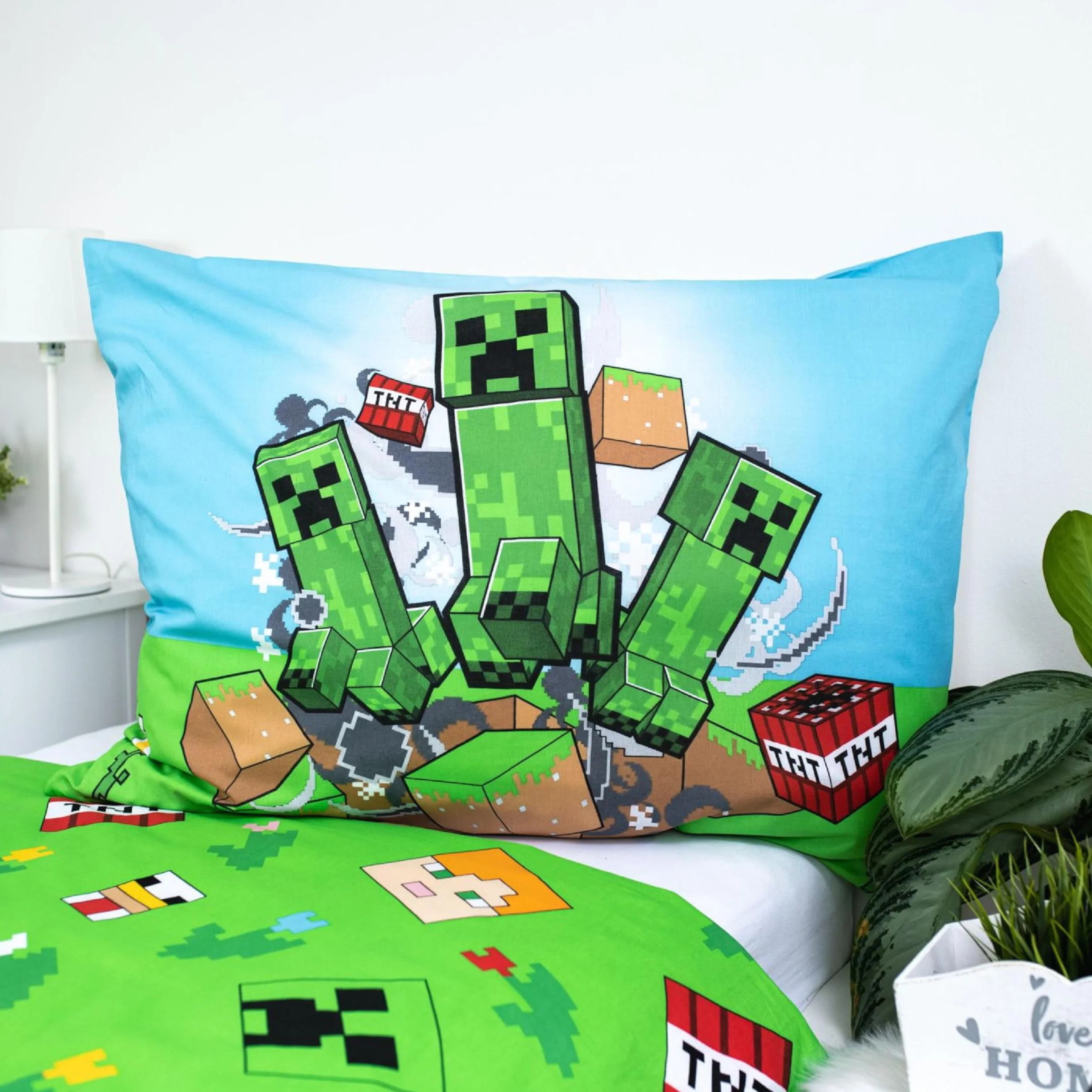 Juego de ropa de cama infantil Minecraft, juego completo de dos piezas, funda de edredón 140 x 200 cm, funda de almohada 70 x 90 cm, con cremallera, 100% algodón, certificado Öko-Tex Standard 100