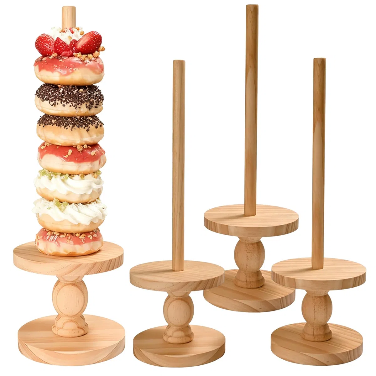 Soporte de Donuts 4 Piezas Torre de Exhibición de Madera | Portabagels De Madera Para Para Postres Bodas Cumpleaños Navidad Shower Servicio De Mesa Buffet Hogar Restaurante Casa De