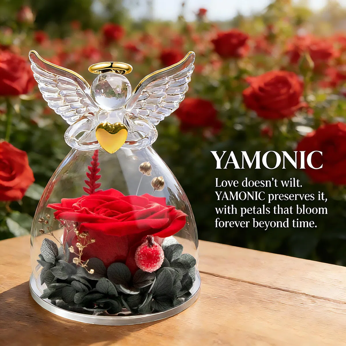 Yamonic Rosa Eterna Regalo Mujer,Rosa Eterna Natural Preservada con Figura Ángel Regalo para Mama, Flores Preservadas Regalos Cumpleaños Mujer Abuela,Regalos Originales Navidad Dia de la Madre