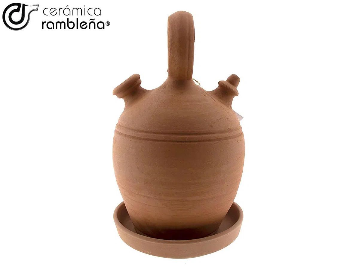CERÁMICA RAMBLEÑA | Botijo de Barro Rojo Tradicional asa Redonda Base Ancha de La Rambla (Córdoba) | 100% Hecho a Mano | 3 litros | Eco | Plato Incluido