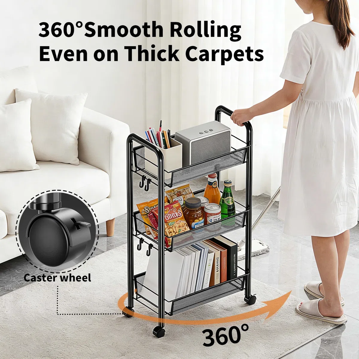 Carrito Auxiliar con Ruedas,Carro Cocina Metálica 3/4/5 Niveles, Carro de Servicios para Salón Baño Dormitorio Oficina,Carrito Auxiliar Multiusos (Negro, 3 Niveles)
