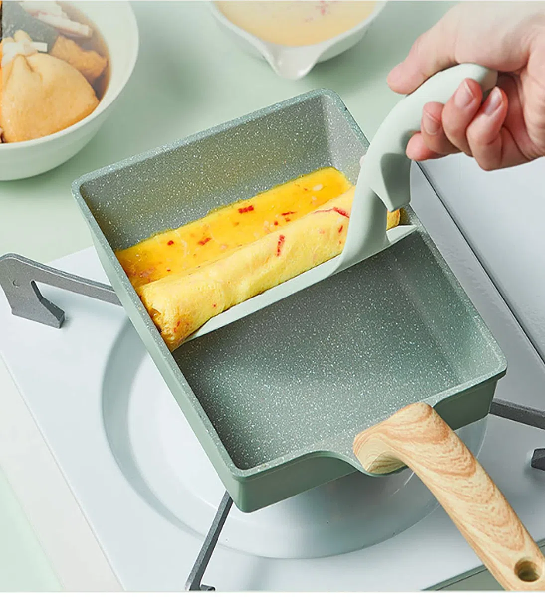 RYITGO Tamagoyaki - Sartén para tortillas japonesas con espátula de silicona y cepillo/revestimiento antiadherente (libre de PFOA)