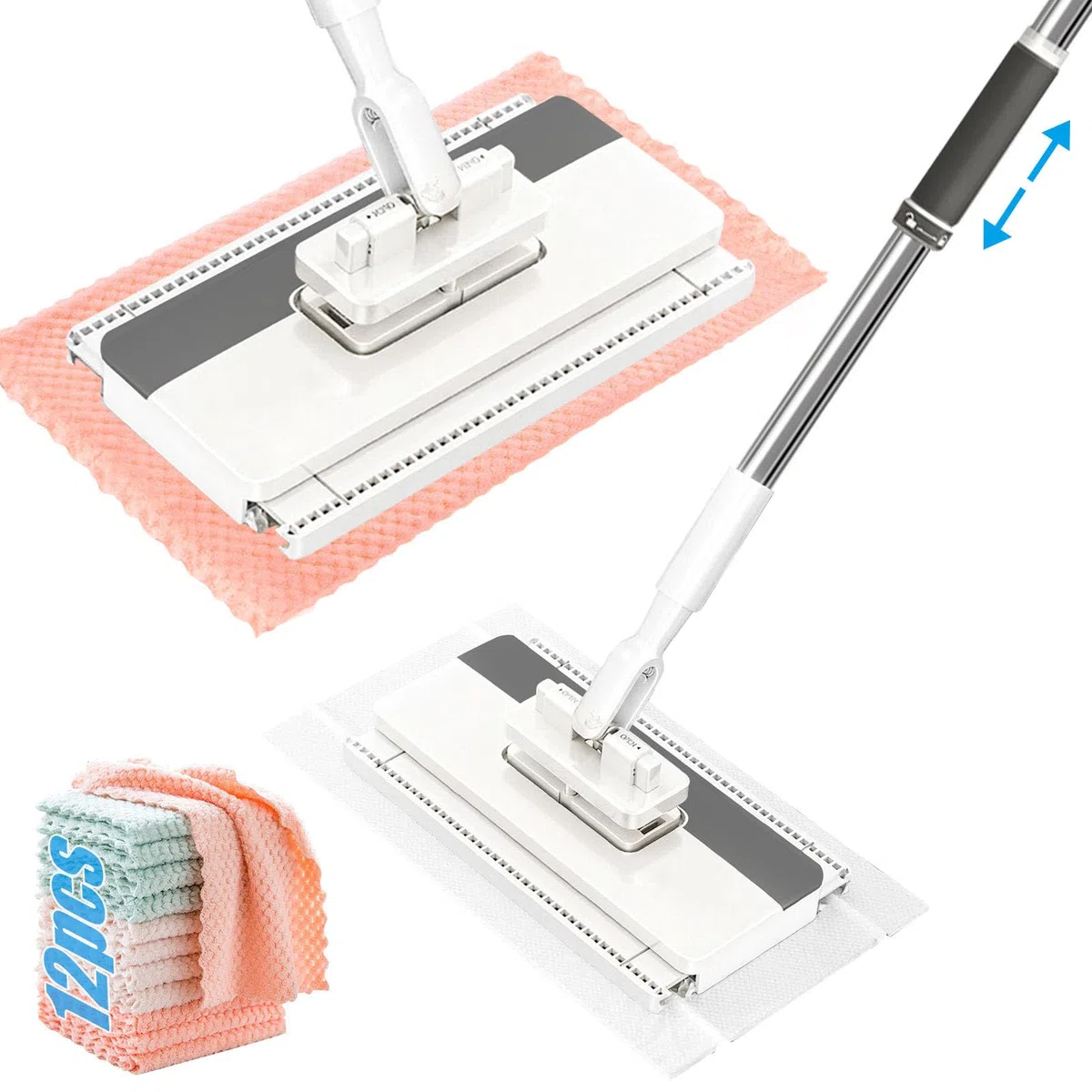 Mopa de microfibra con sistema de sujeción a presión, paño de sujeción automático con 12 paños de microfibra reutilizables, fregona desmontable para una limpieza práctica, clip para paños sin lavar a