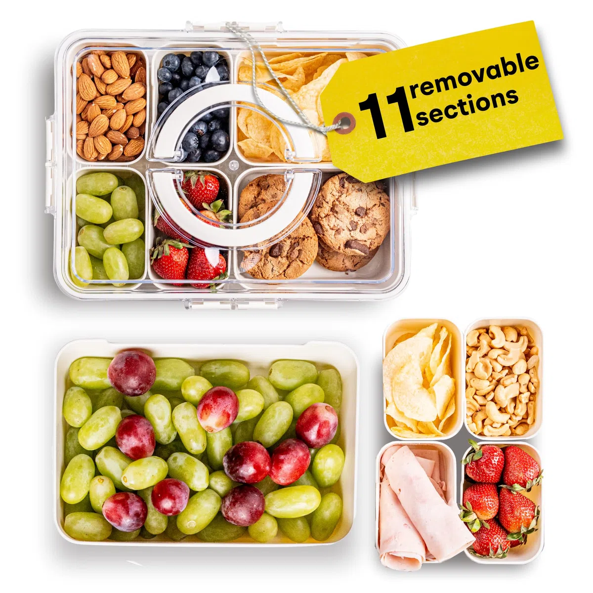 Bandeja dividida para servir con tapa y asa, recipiente de plástico sin BPA apto para lavavajillas, con 11 compartimentos extraíbles, organizadores de almacenamiento portátiles multiusos