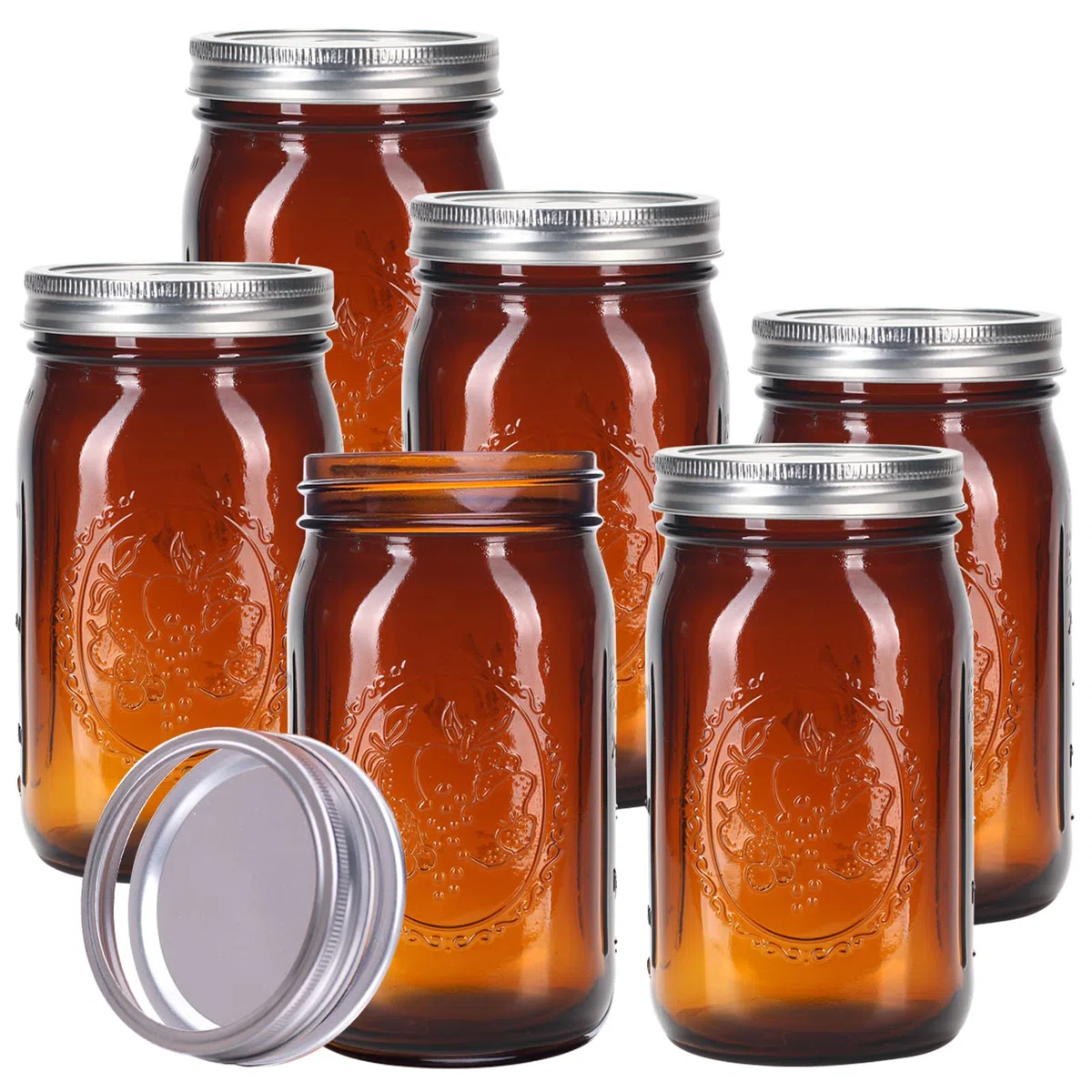 eleganttime Tarros de vidrio ámbar de 32 onzas de boca ancha, paquete de 6, tarros de conservas de cuarto de galón con tapas herméticas y bandas para enlatar, congelar, fermentar, conservar, bebidas y