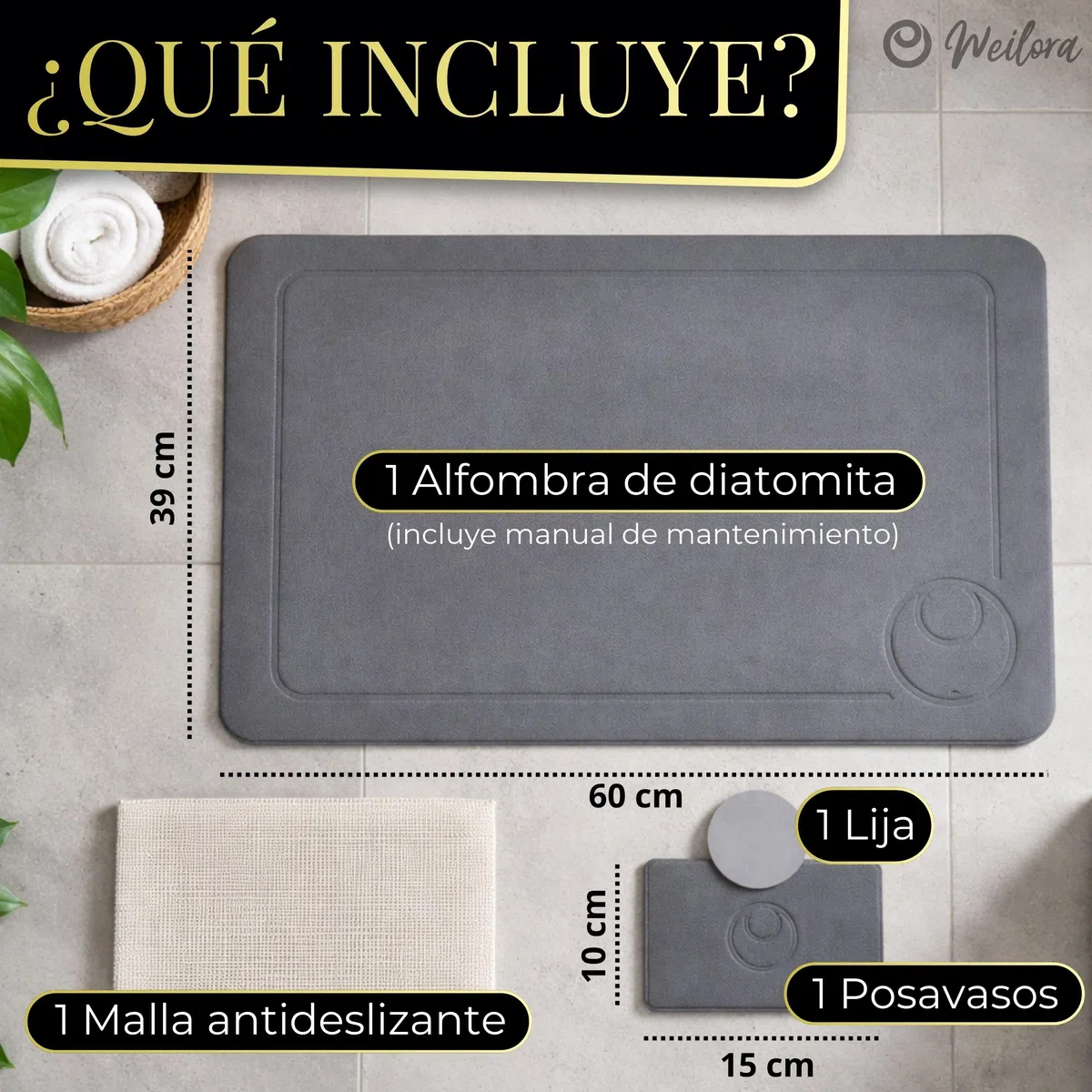 Alfombra Piedra Diatomita Baño 60x39 cm + Posavasos, Secado Ultra Rápido, Antideslizante con Malla, Sin Olores, Sin Moho – Alfombra Diatomita Baño Piedra Gris Antracita.
