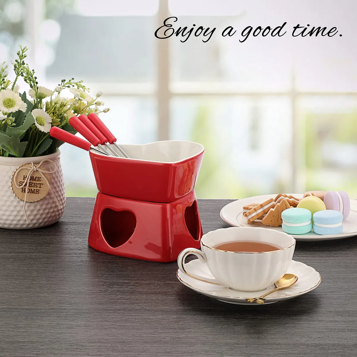 Juego de fondue de cerámica para chocolate con forma de corazón, olla para fondue de queso de porcelana con 4 tenedores, 320 ml, mini quemador resistente al calor, fondue para dulces