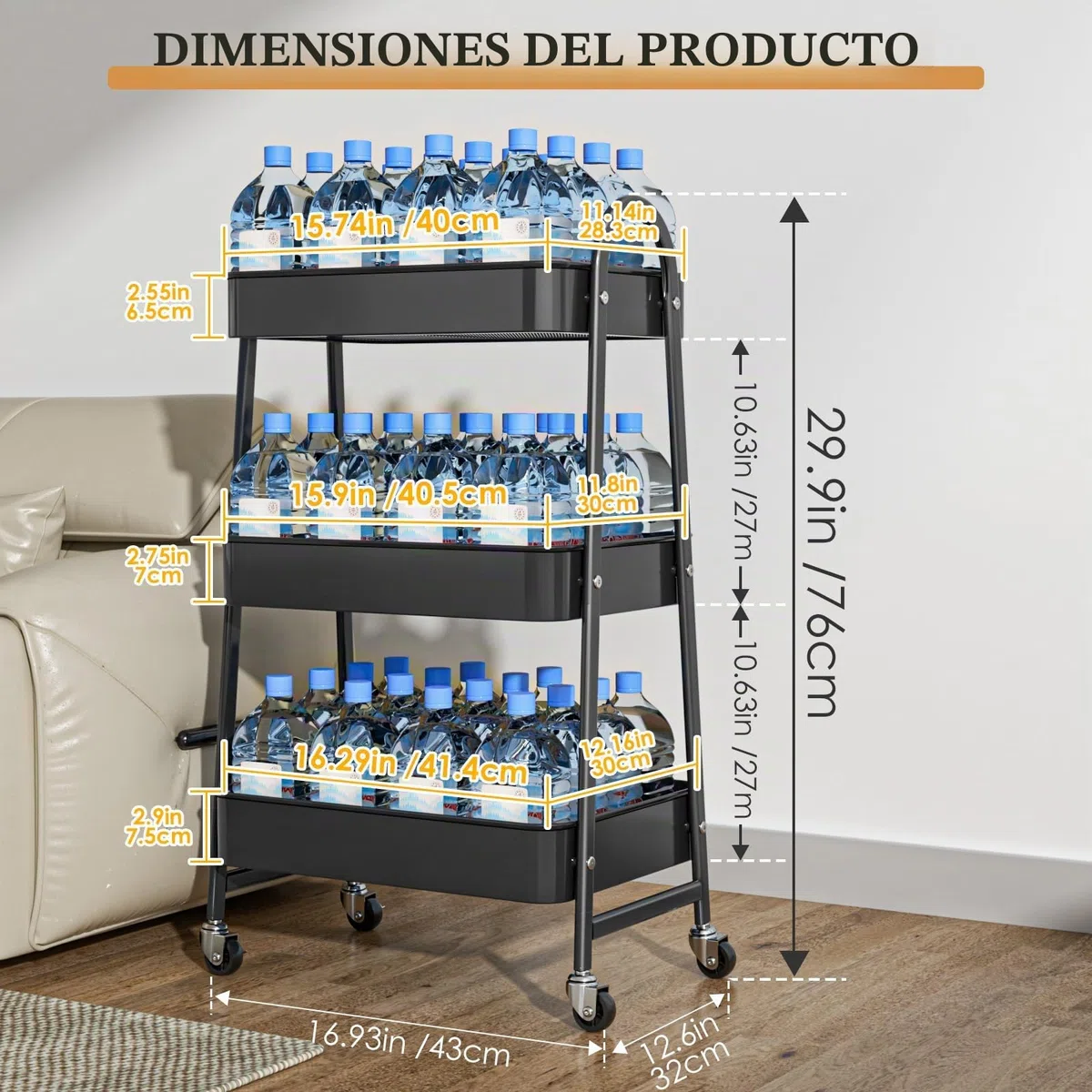 Carrito de Almacenamiento de Metal, Carro de Cocina Metalico con Ruedas, Carrito Auxiliar Multiuso 3 Niveles, Ideal para Frutas, Verduras, Cocina, Salón, Blanco